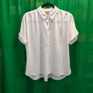Chico's Size 2 (Large) Linen Blend White Short Sleeved Blouse Half-Button